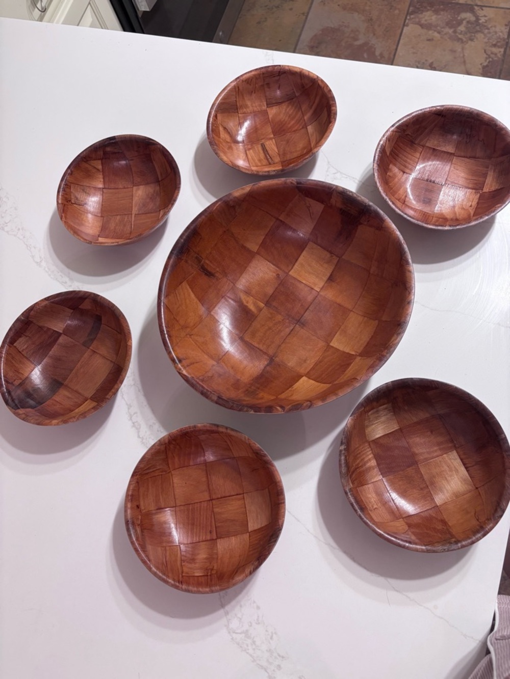Vintage MCM Teak Wood Salad Bowl Set 7 Pc Patchwork Serving Bowls Mid Century